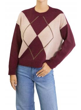 Maglione con rombi bicolore girocollo misto cashmere